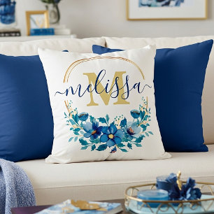 Personalisierter blauer und goldener Blumenkranz Kissen