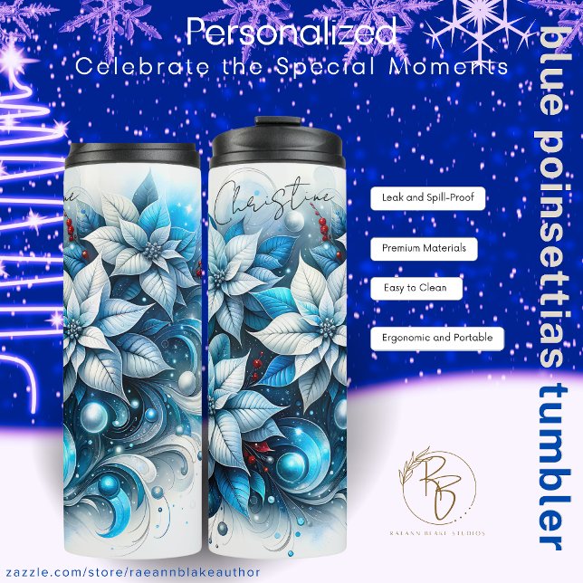 Personalisierter blauer Weihnachtsstern-Wärmebeche Thermosbecher (Von Creator hochgeladen)