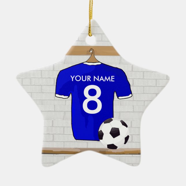 Personalisierter blauer weißer Fußball-Fußball Keramikornament (Vorne)