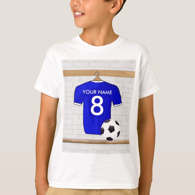 Personalisierter blauer weißer Fußball-Fußball T-Shirt (Vorderseite)