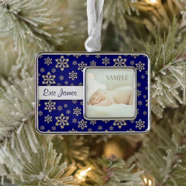 Personalisierter Blue-Gold-Schneeflocken Rahmen-Ornament Silber (Baum)
