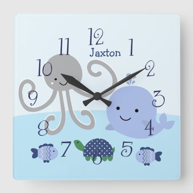 Personalisierter Blue Sea Life Baby Clock Quadratische Wanduhr (Vorderseite)