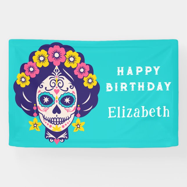 Personalisierter blühender Zucker Skull Geburtstag Banner (Horizontal)