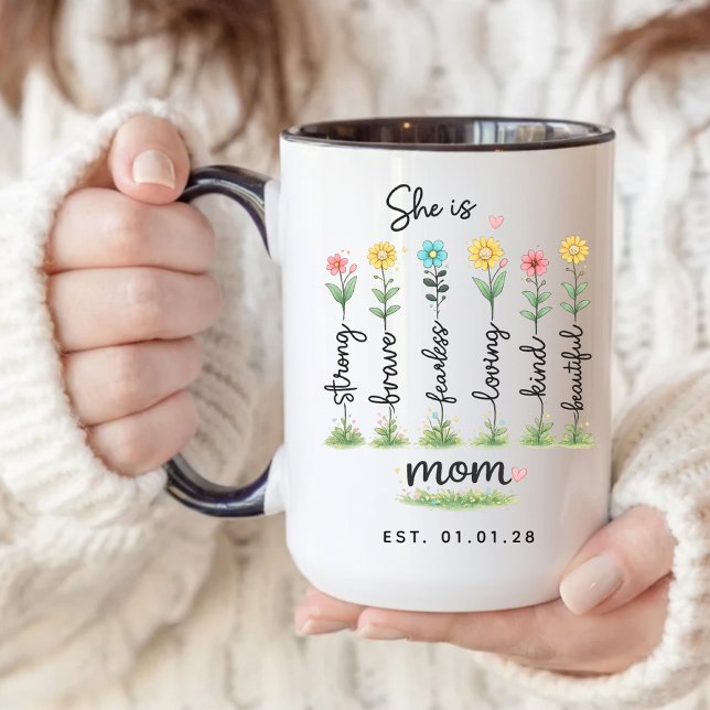 Personalisierter Blumen-Affirmations-Becher für Er Kaffeetasse (floral motherhood mug gift, first baby mom mug gift, baby arrival mom mug, inspirational mom mug,)