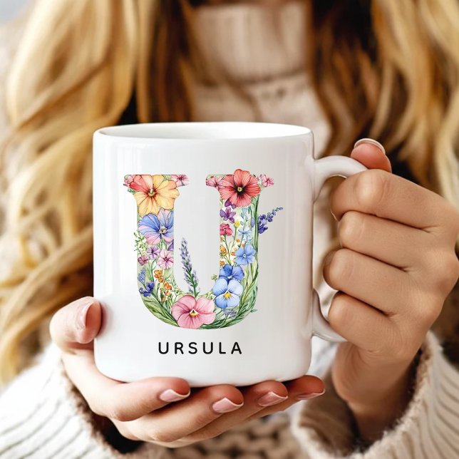 Personalisierter Blumen-Buchstaben-Becher Geburtst Kaffeetasse (floral alphabet mug gift for her, custom mug birthday gift wife, floral monogram graduation for girl)