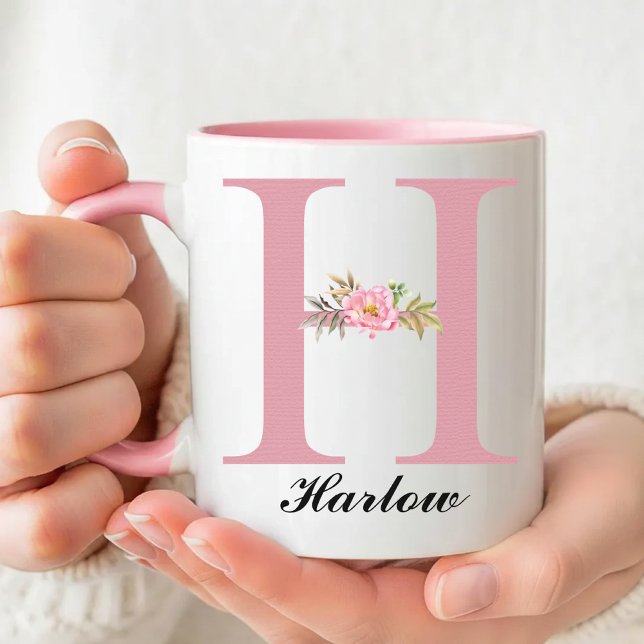 Personalisierter Blumen-Monogramm-Becher in Rosa a Tasse (Custom Pink Floral Monogram Mug Gift for Her, Wildflower Initial Name Mug Birthday Gift for Her Mom)