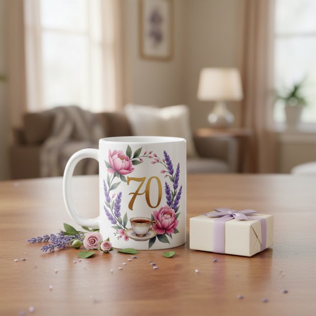 Personalisierter Blumen-Mug zum 70. Geburtstag für Kaffeetasse (Personalized 70th Birthday Floral Mug for Grandma)
