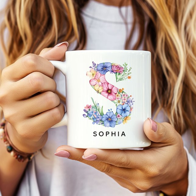 Personalisierter Blumen-Tasse Brautdusche-Geschenk Kaffeetasse (floral alphabet mug gift for her, custom mug birthday gift wife, floral monogram graduation for girl)