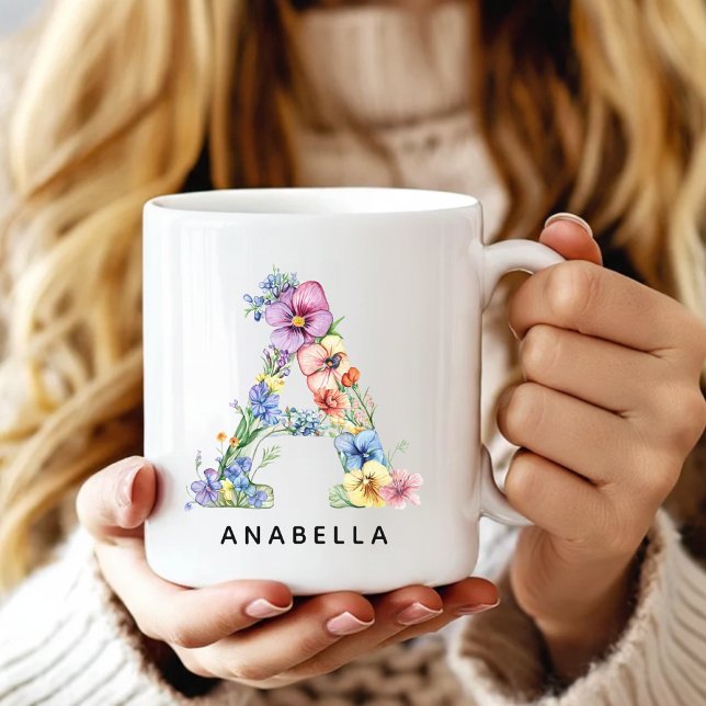 Personalisierter Blumenalphabet-Becher für ihre Mu Kaffeetasse (Custom Floral Initial Mug Name Gift, Custom Floral Alphabet Mug for Her, Monogram Flower Mug Gift)
