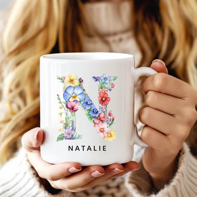 Personalisierter Blumenalphabet-Tasse-Geschenk für Kaffeetasse (Custom Monogram Name Mug for Mom or Bridesmaids, Custom Floral Alphabet Mug for Teacher or Nurse)