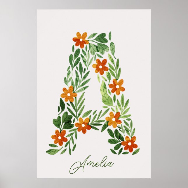 Personalisierter Blumenbrief A mit orangen Blume Poster (Vorne)