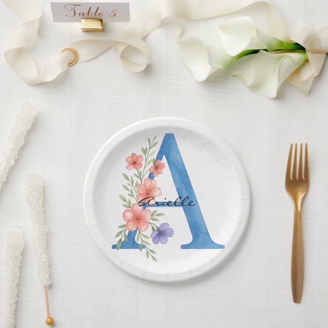 Personalisierter Blumenbrief A monogramm Pappteller (Hochzeit)