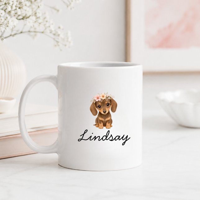 Personalisierter Blumendackel-Welpen-Name Kaffeetasse (Personalized Floral Dachshund Puppy Name Coffee Mug with your Name or Quate)