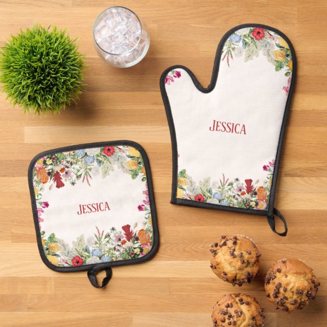 Personalisierter Blumengarten Farbige Blume Ofenhandschuh & Topflappen-Set (Oben Unten)