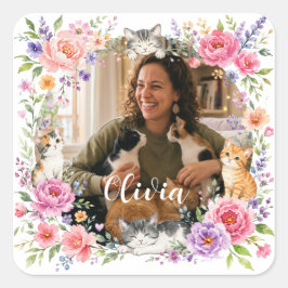 Personalisierter Blumenkatzen-Mutter-Foto-Aufklebe Quadratischer Aufkleber