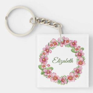 Personalisierter Blumenkranz in Rosa und Grün Schlüsselanhänger
