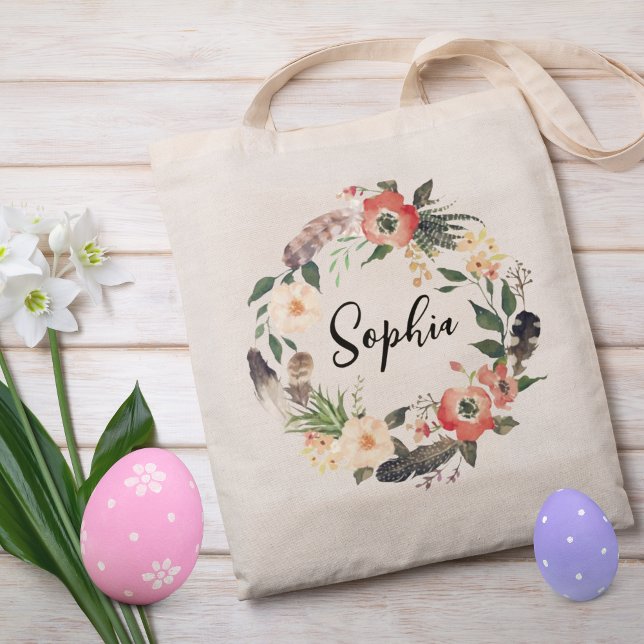 Personalisierter Blumenkranz Osterjagd Kinder Tragetasche (Easter egg hunt tote bag for kids)