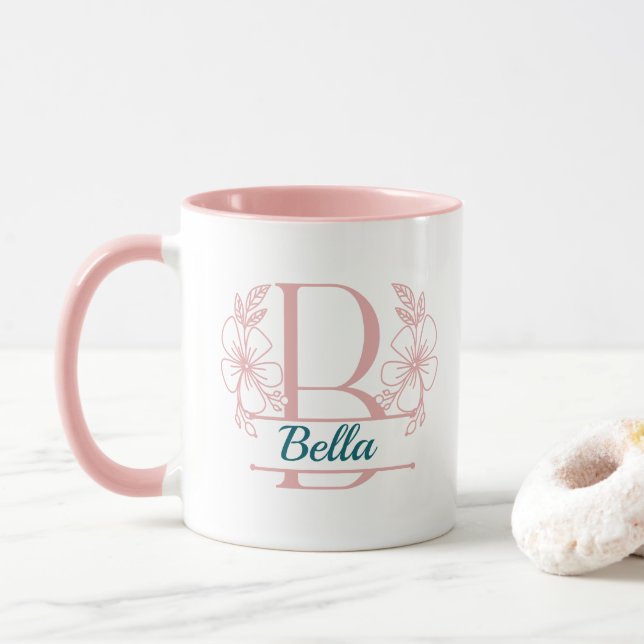 Personalisierter Blumenmonogramm-Buchstabe B Beche Tasse (Mit Donut)
