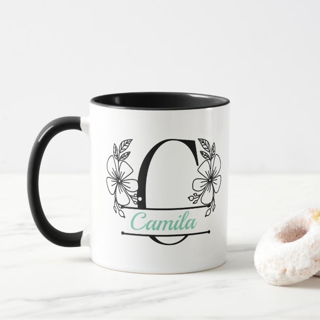 Personalisierter Blumenmonogramm-Buchstabe C Beche Tasse (Mit Donut)