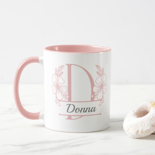 Personalisierter Blumenmonogramm-Buchstabe D Beche Tasse (Mit Donut)