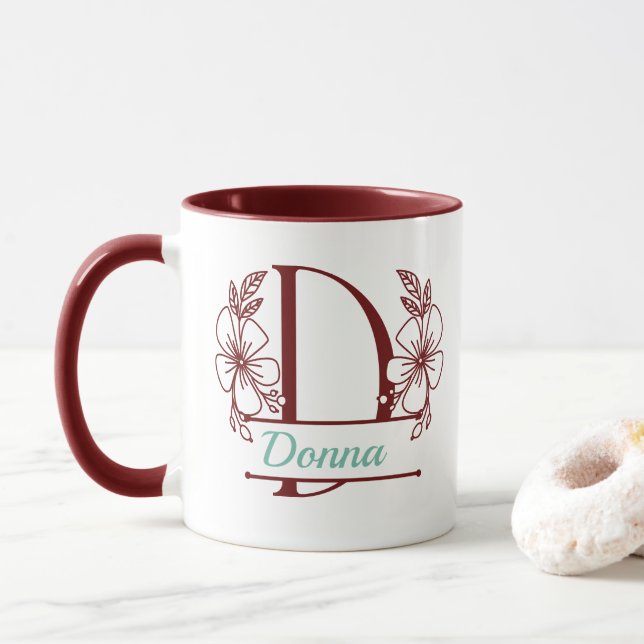 Personalisierter Blumenmonogramm-Buchstabe D Beche Tasse (Mit Donut)