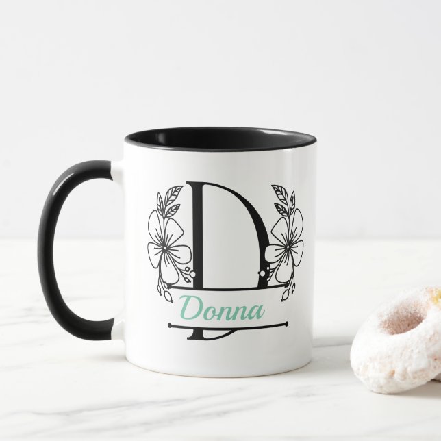 Personalisierter Blumenmonogramm-Buchstabe D Beche Tasse (Mit Donut)
