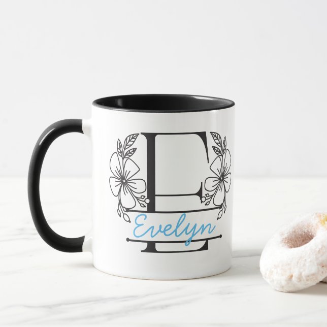 Personalisierter Blumenmonogramm-Buchstabe E Beche Tasse (Mit Donut)