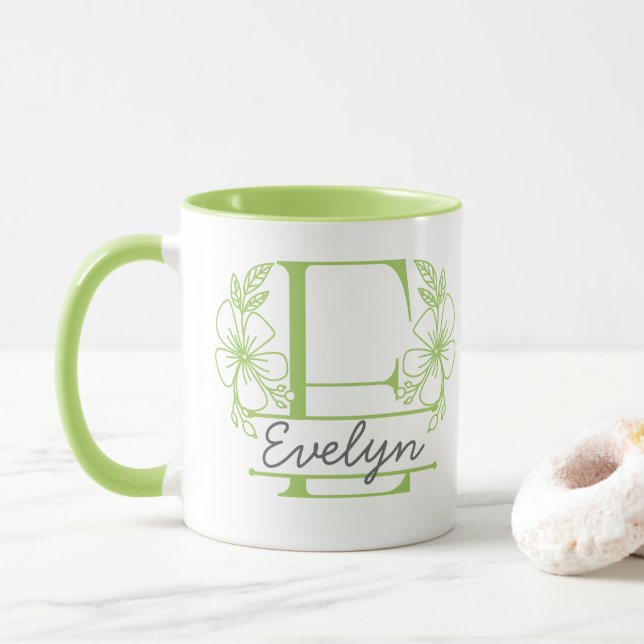Personalisierter Blumenmonogramm-Buchstabe E Beche Tasse (Mit Donut)