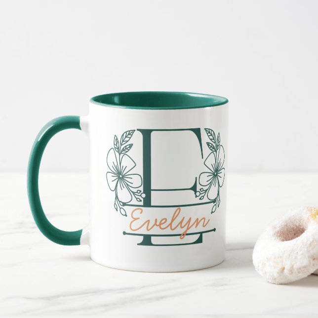 Personalisierter Blumenmonogramm-Buchstabe E Beche Tasse (Mit Donut)