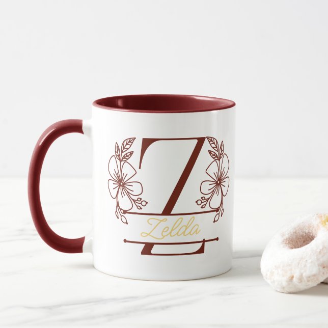 Personalisierter Blumenmonogramm-Buchstabe Z Beche Tasse (Mit Donut)