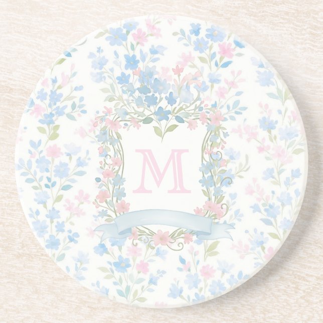 Personalisierter Blumenmonogramm-Sandstein-Unterse Getränkeuntersetzer (Vorne)