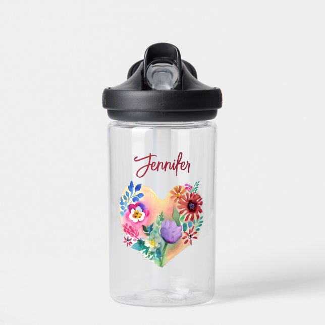 Personalisierter Blumenstrauß Wasserfarbe Rot Trinkflasche (Vorne)