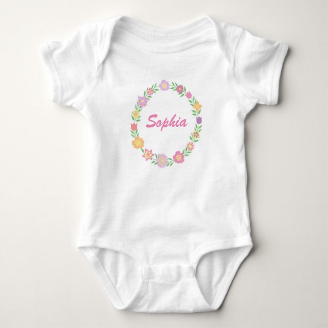 Personalisierter Blumenwreathbodysuit Baby Strampler (Vorderseite)