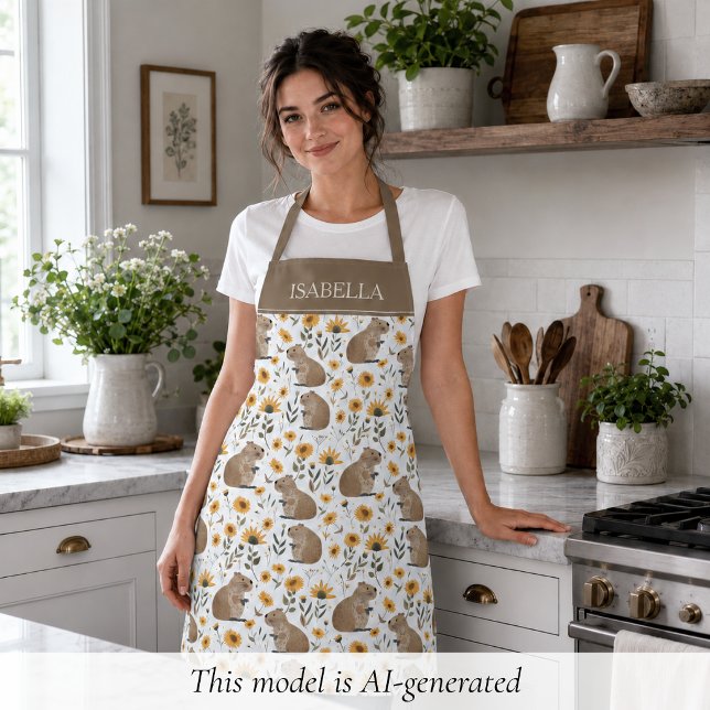 Personalisierter Blumiger Capybara Schürze (sweet cozy floral capybara sunflower apron personalized with custom name, cute gift for her )