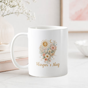 Personalisierter Boho-Blumen-Herz-Sonne-Mond-Beche Kaffeetasse