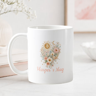 Personalisierter Boho-Blumen-Herz-Sonne-Mond-Beche Kaffeetasse