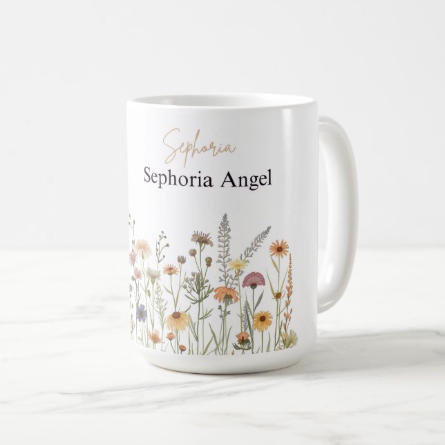 Personalisierter Boho-Wildblumen-Becher | Becher m Kaffeetasse (VorderseiteRechts)