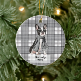 Personalisierter Boston Terrier Schwarz Weiß Karie Keramik Ornament
