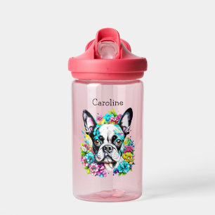 Personalisierter Boston Terrier umgeben von Blumen Trinkflasche