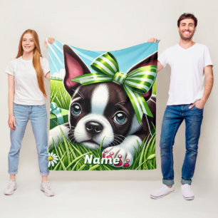 Personalisierter Boston Terrier Welpe mit grünem B Fleecedecke