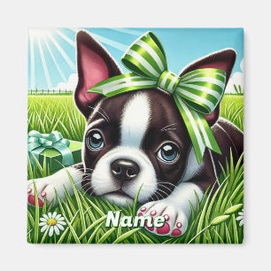 Personalisierter Boston Terrier Welpe mit grünem B Magnet