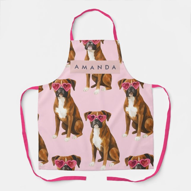 Personalisierter Boxerhund mit rosa Herzbrille Schürze (Vorderseite)