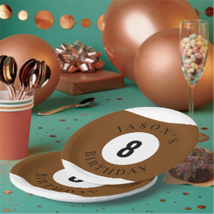 Personalisierter Brauner Billard-Poolball Geburtst Pappteller