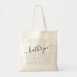 Personalisierter Bridesmaid-Name  Tragetasche<br><div class="desc">Personalisierter Bridesmaid Name Custom Tote Bag mit bearbeitbarem Text und Text für Datum,  Ziel oder Ort,  Name und lustiges Zitat wie "Kleiderhalter,  Trinker Föcher,  Sanitäter" macht einen Spaß und nützlichen Sake für alle Ihre Brautmädchen.</div>