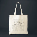 Personalisierter Bridesmaid-Name  Tragetasche<br><div class="desc">Personalisierter Bridesmaid Name Custom Tote Bag mit bearbeitbarem Text und Text für Datum,  Ziel oder Ort,  Name und lustiges Zitat wie "Kleiderhalter,  Trinker Föcher,  Sanitäter" macht einen Spaß und nützlichen Sake für alle Ihre Brautmädchen.</div>