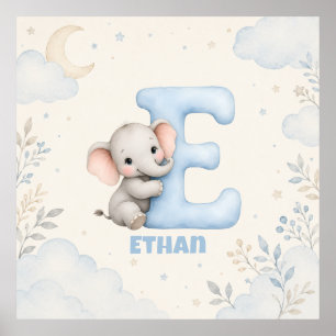 Personalisierter Brief E Baby-Elefant Name Design Poster