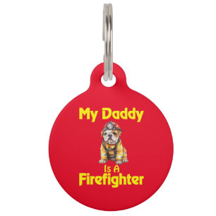 Personalisierter Bulldog, mein Papa, ist Feuerwehr Haustiermarke