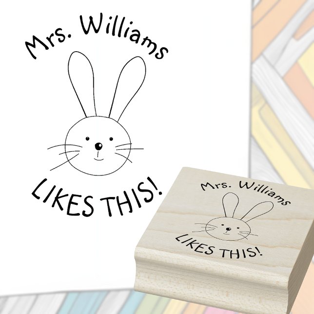 Personalisierter Bunny Rabbit Teacher Lob Gummistempel (Positive praise teacher's stamp with a bunny and custom teacher's name.)