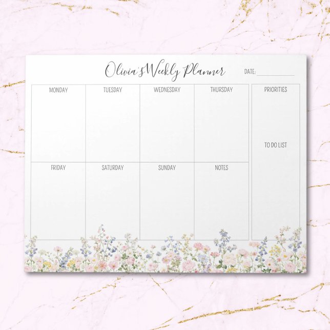 Personalisierter Bunter Blumen Blumen Wochenplaner Notizblock (Close up)