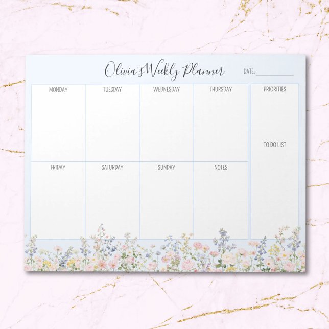 Personalisierter Bunter Blumen Blumen Wochenplaner Notizblock (Close up)